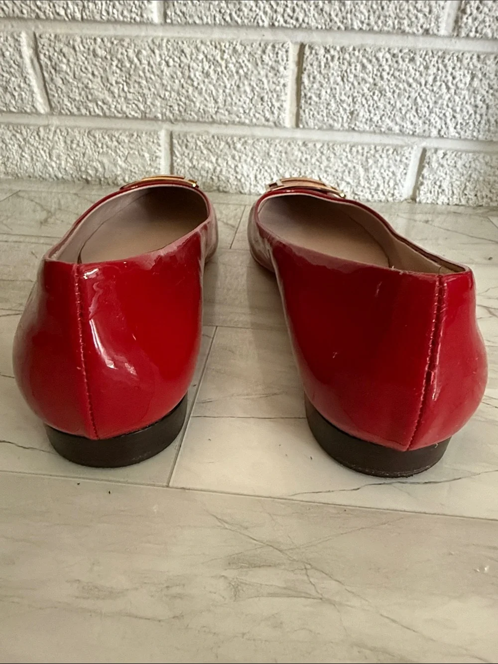 Salvatore Ferragamo Red Patent Leather Buckle Flats with Gold Hardware